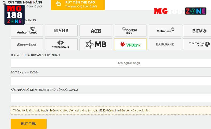 Rút tiền mg188 ở hạn mức cao nhất